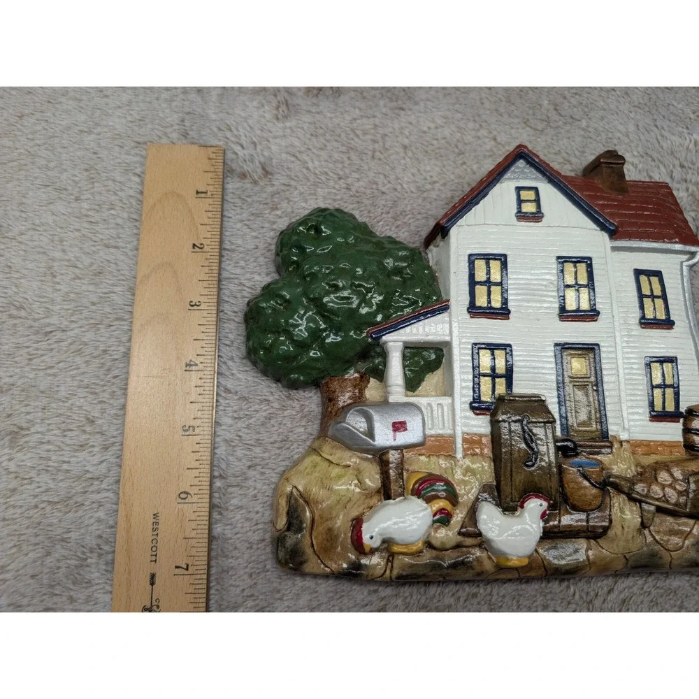 Vintage Farmhouse Barn & Country House Chalkware Wall Plaques Hand Painted Pair